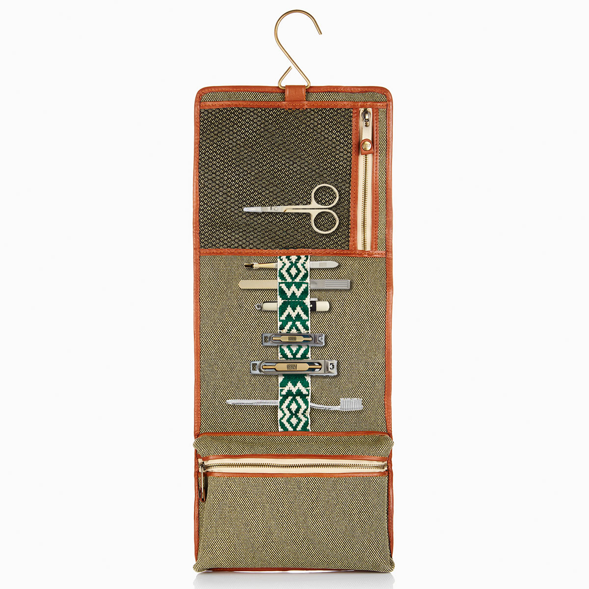 Herringbone Toiletry Wash Roll, Tan