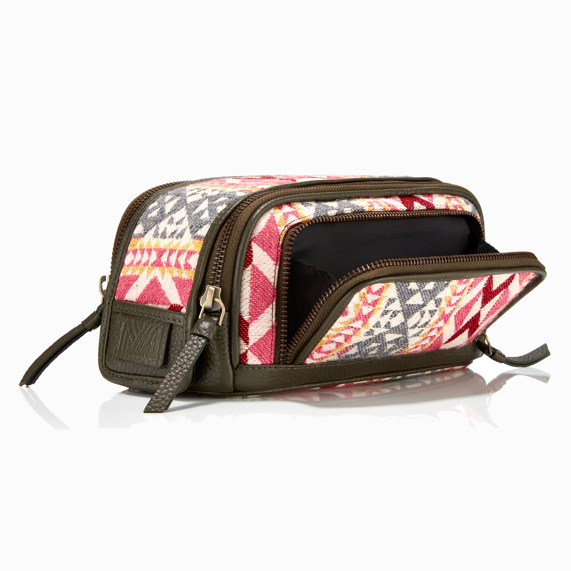 Gaucho Aztec Duo Zip Toiletry Wash Bag Moss Green Grey Pink Yellow 1