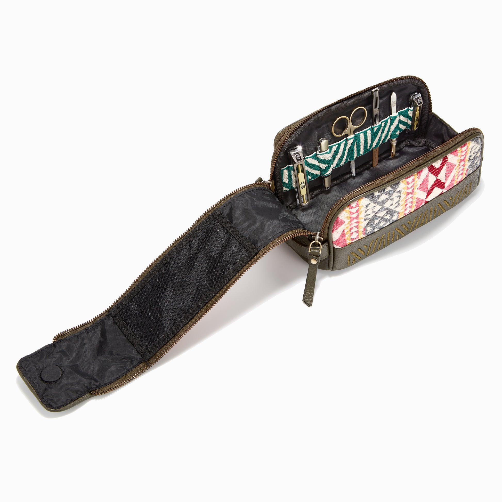 Gaucho Aztec Duo Zip Toiletry Wash Bag Moss Green Grey Pink Yellow 2