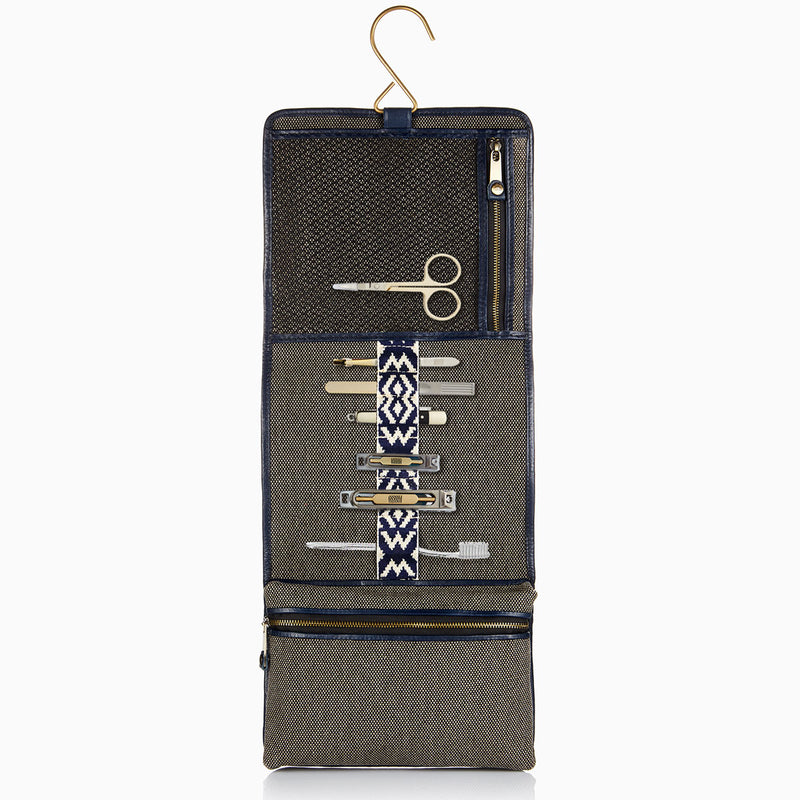 Herringbone Toiletry Wash Roll, Navy Blue