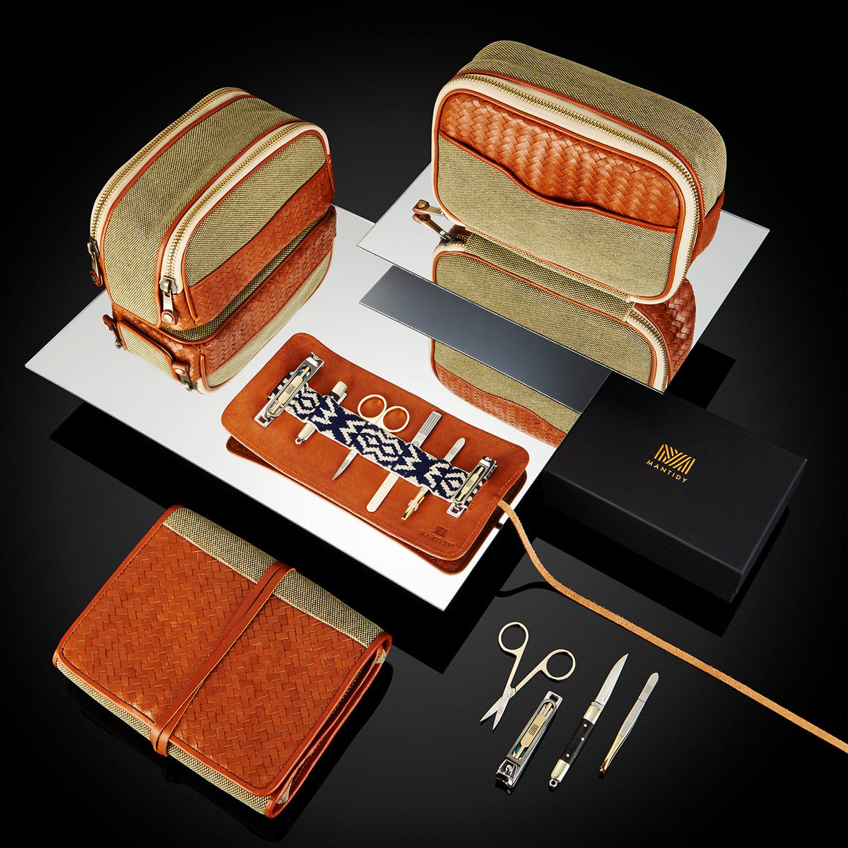 Herringbone Wash Roll Tan Mens Toiletry Hanging Travel Bag 3
