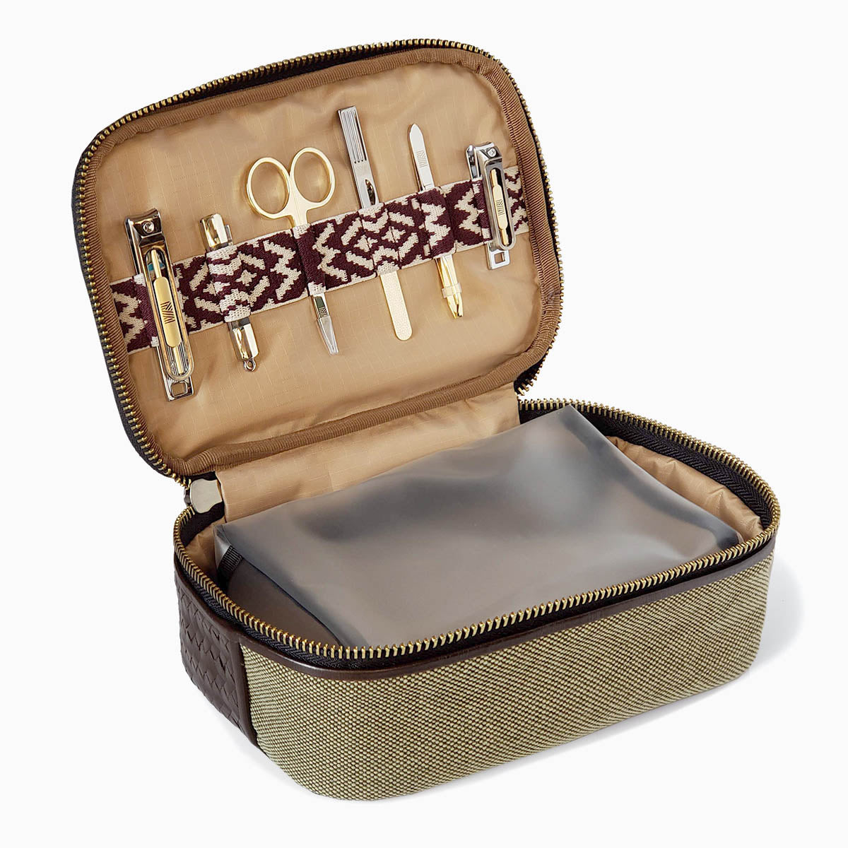 Herringbone Zip Around Toiletry Wash Bag, Chocolate Brown