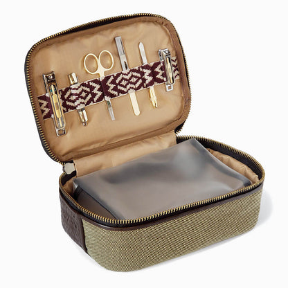 Herringbone Zip Around Toiletry Wash Bag, Chocolate Brown
