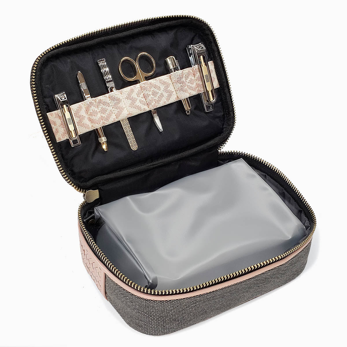 Herringbone Zip Around Toiletry Wash Bag, Dusty Pink